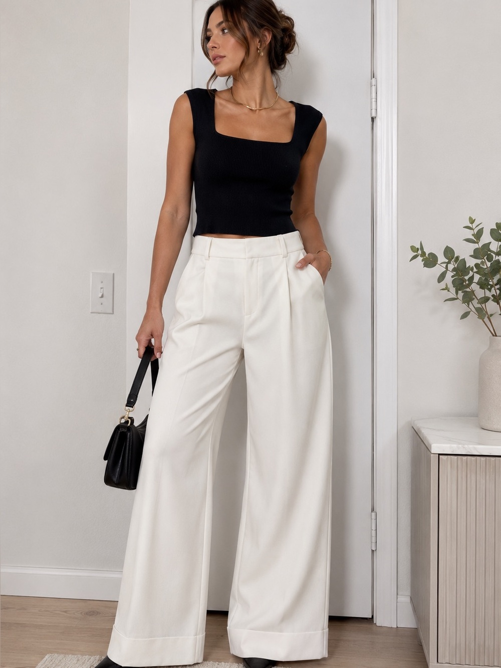NWT VICI x Emily Travis Ivory Wide Leg Pleated Trousers High Rise Career Large